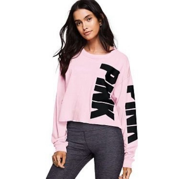 PINK Victoria’s Secret Boyfriend Crop Logo Heather Grey Long Sleeve Tee - Picture 2 of 7